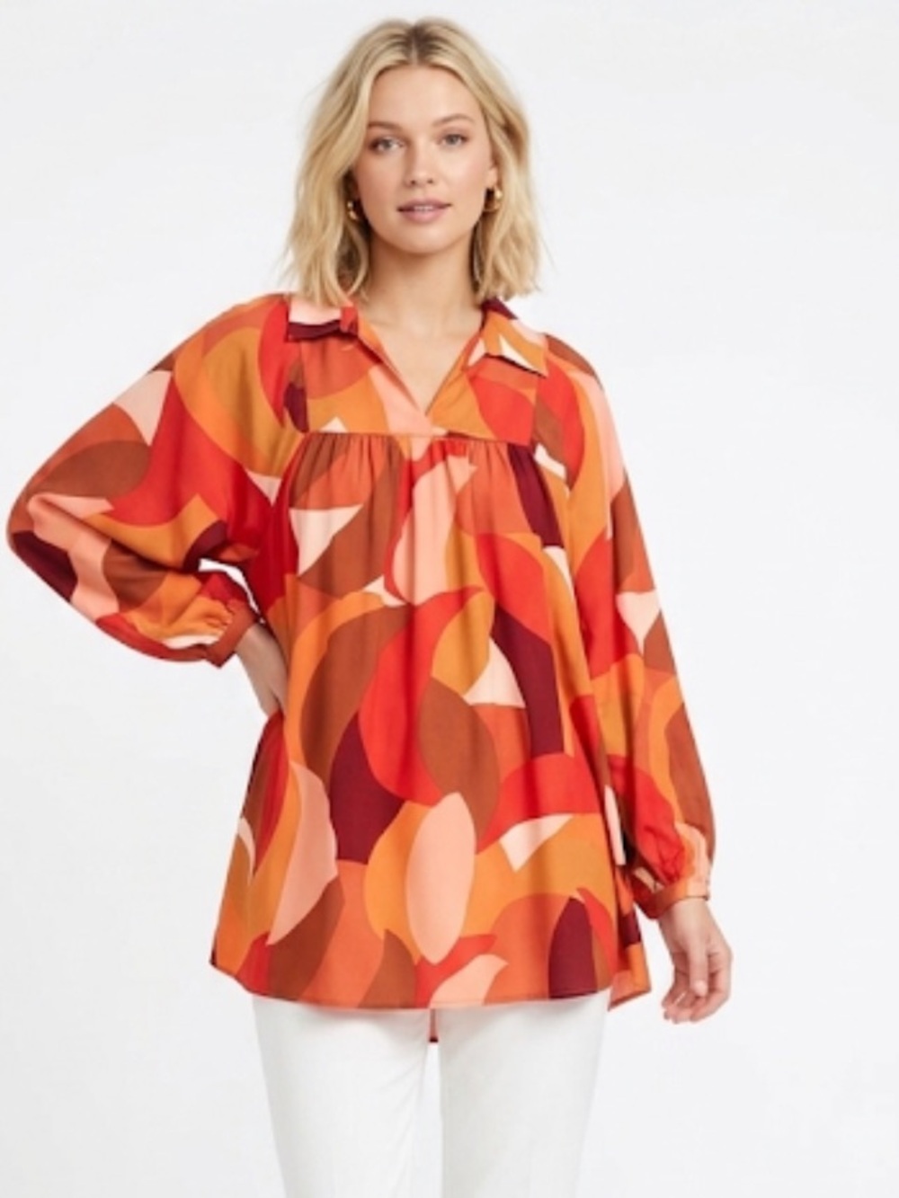 Adrienne Multicolor Swirl Print Top in Orange & Browns retro 70’s style size 2X